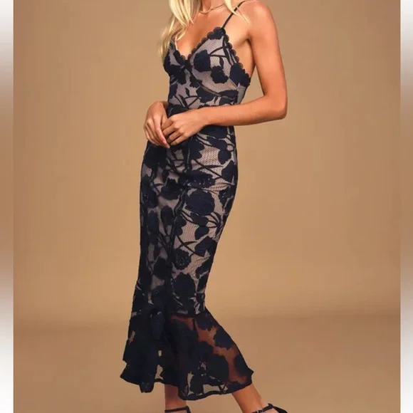 Lulus Alluring Dream Navy Blue Floral Mesh Lace Trumpet Midi Dress - Size XS - Picture 3 of 7